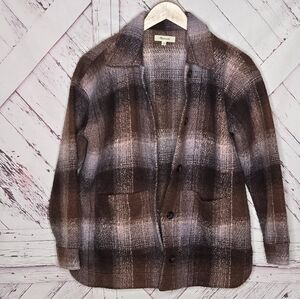 Madewell Brushed Plaid Knit Oversized Shirt Jacket Faded Fig XXS